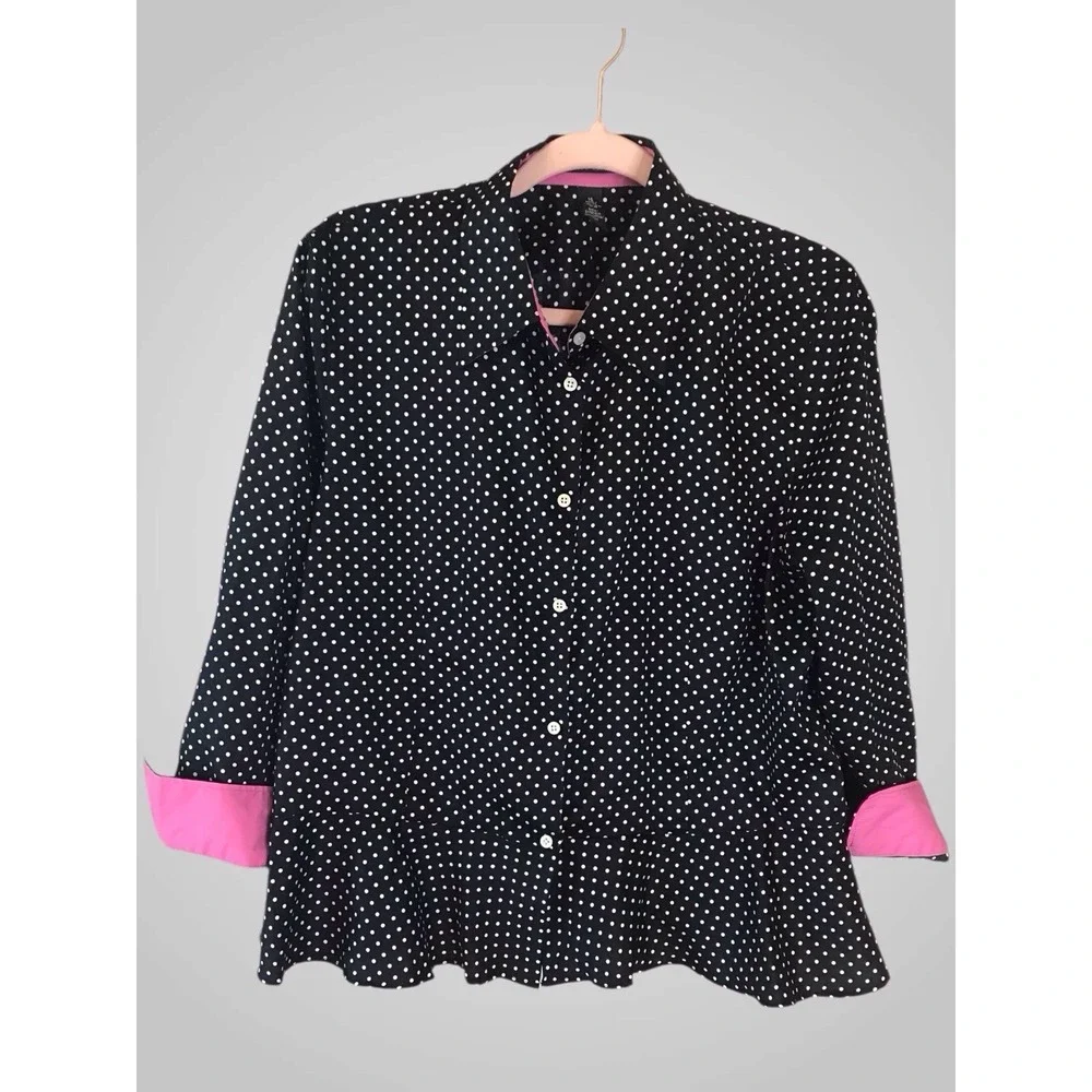 VTG Ralph Lauren Blouse Top Polka Black White‎ Dot 3/4 Sleeve Retro Preppy Sz 16